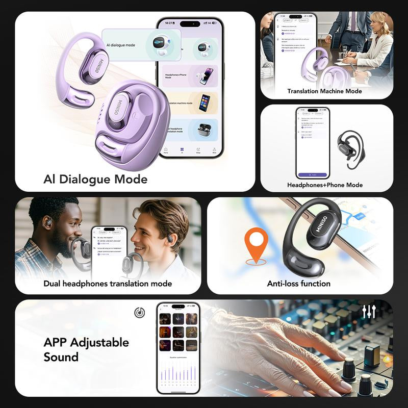 MINISO MS156 AI Headphones True Wireless OWS Earphones Bluetooth 5.4 134 Languages Translation Earbuds Hifi Sound Waterproof Open Ear Headsets with APP