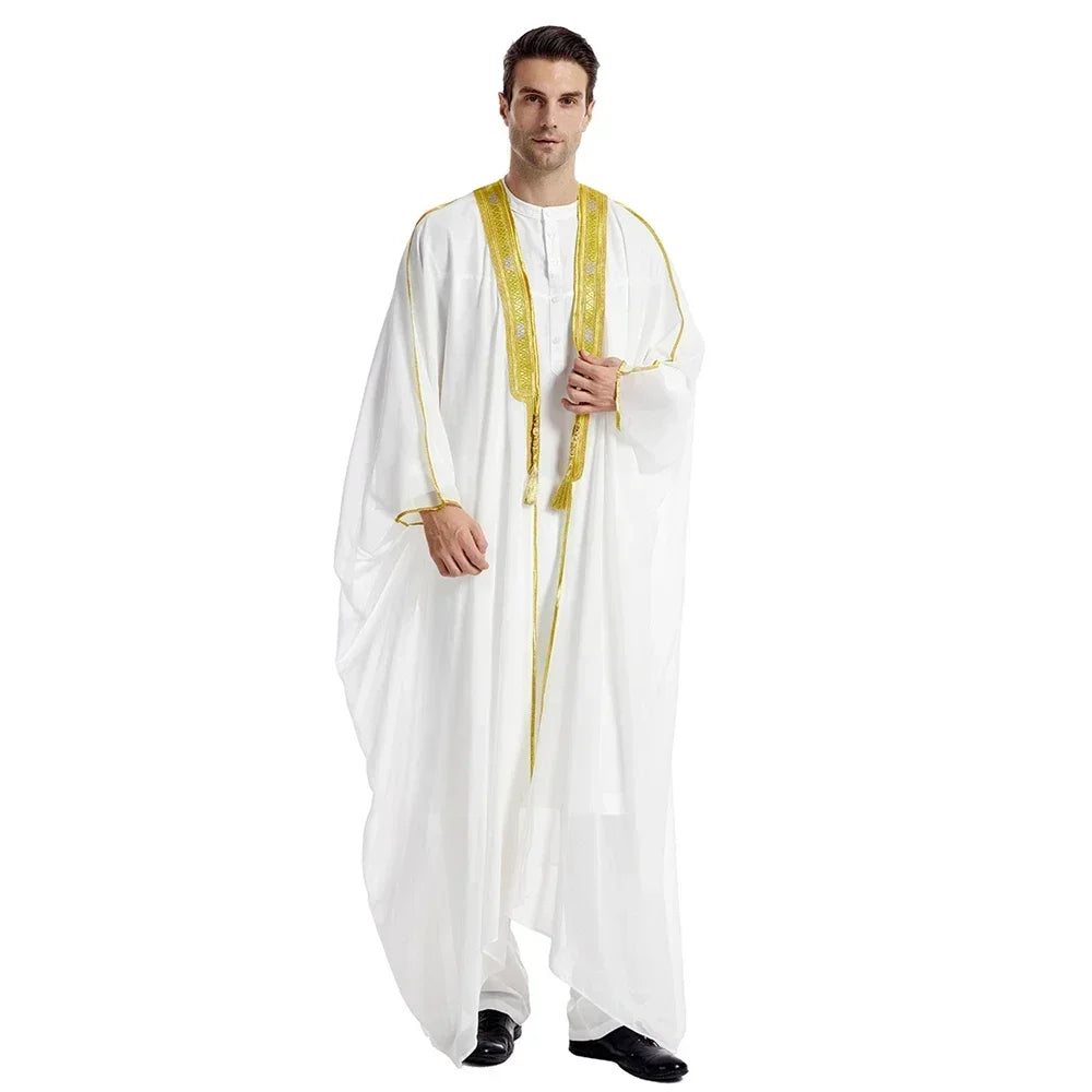 Men's Robe Muslim Clothes Kimono Loose Abaya Dresses Long Sleeve Embroidered Chiffon Kaftan Casual Formal Dubai Thobe