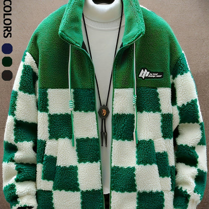 [Plush Winter Coat] Blue & White Plush Checkered Winter Coat | Men's Loose Fit, Stand Collar, Zip-Up Jacket with Drawstring Hood, Casual Style for Fall/Winter