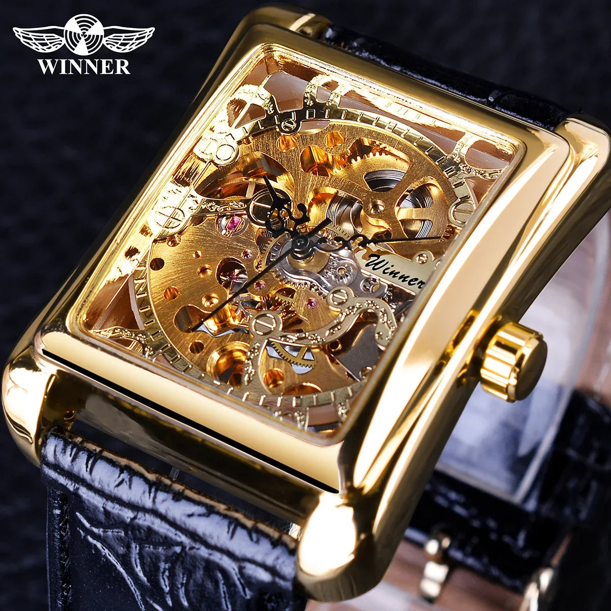 Winner  Mechanical WATCH Retro Casual Series Rectangle Dial Design Golden Pattern Hollow Watch Men Top Brand Luxury Mechanical