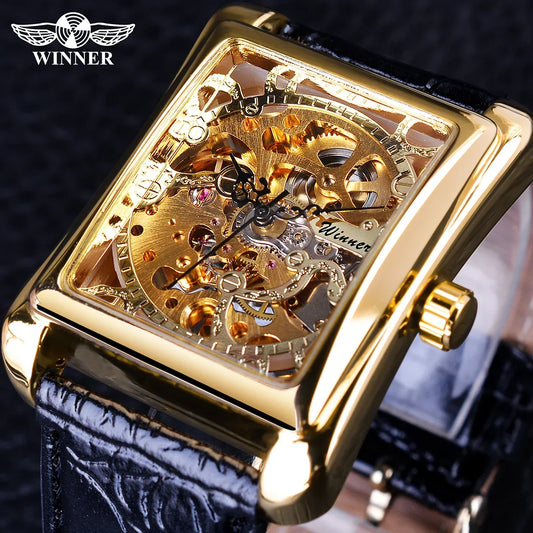 Winner  Mechanical WATCH Retro Casual Series Rectangle Dial Design Golden Pattern Hollow Watch Men Top Brand Luxury Mechanical