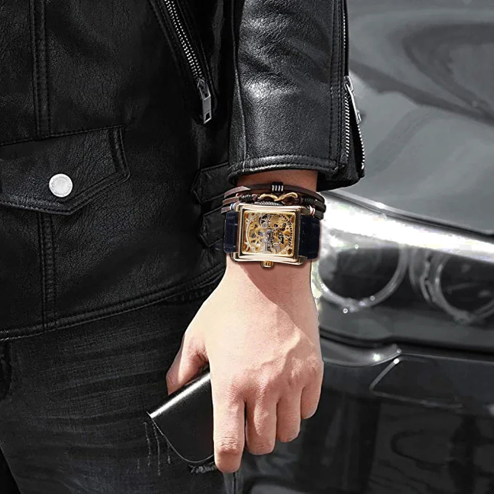 Winner  Mechanical WATCH Retro Casual Series Rectangle Dial Design Golden Pattern Hollow Watch Men Top Brand Luxury Mechanical