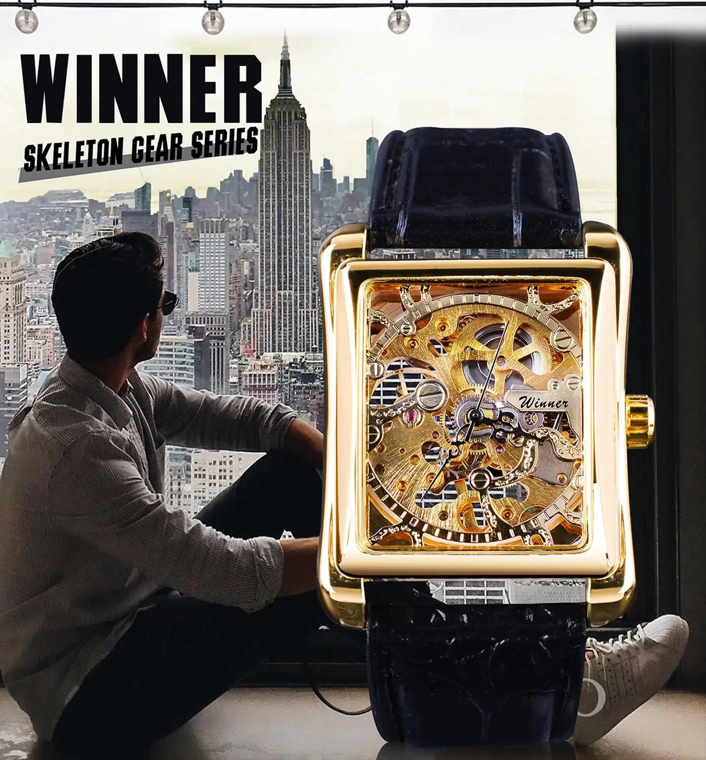 Winner  Mechanical WATCH Retro Casual Series Rectangle Dial Design Golden Pattern Hollow Watch Men Top Brand Luxury Mechanical