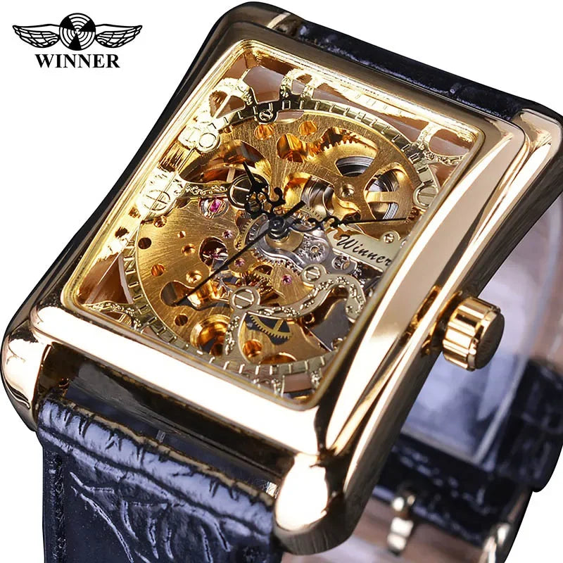 Winner  Mechanical WATCH Retro Casual Series Rectangle Dial Design Golden Pattern Hollow Watch Men Top Brand Luxury Mechanical