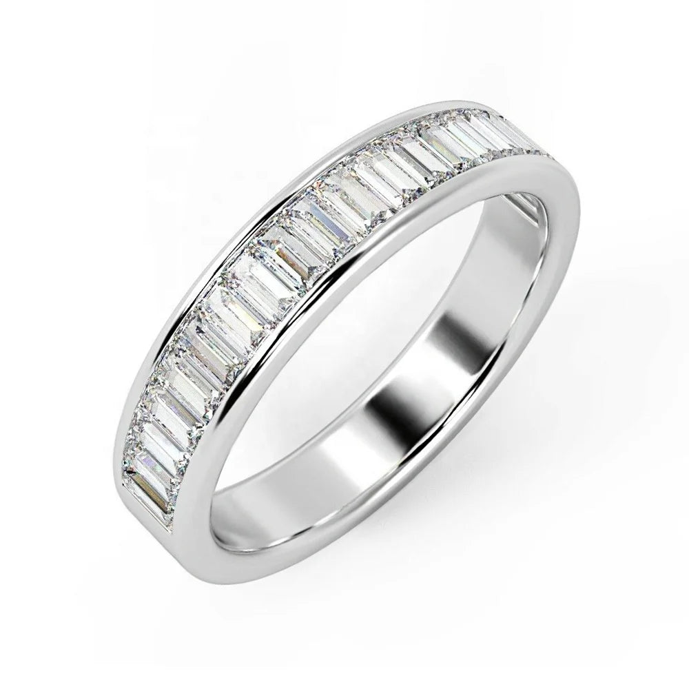 Silver 925 18k White Gold Plated Jewelry Baguette Zircon Diamond Cutting Channel Set Half Eternity Ring