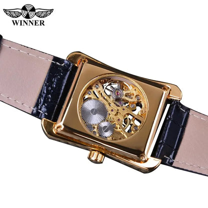 Winner  Mechanical WATCH Retro Casual Series Rectangle Dial Design Golden Pattern Hollow Watch Men Top Brand Luxury Mechanical