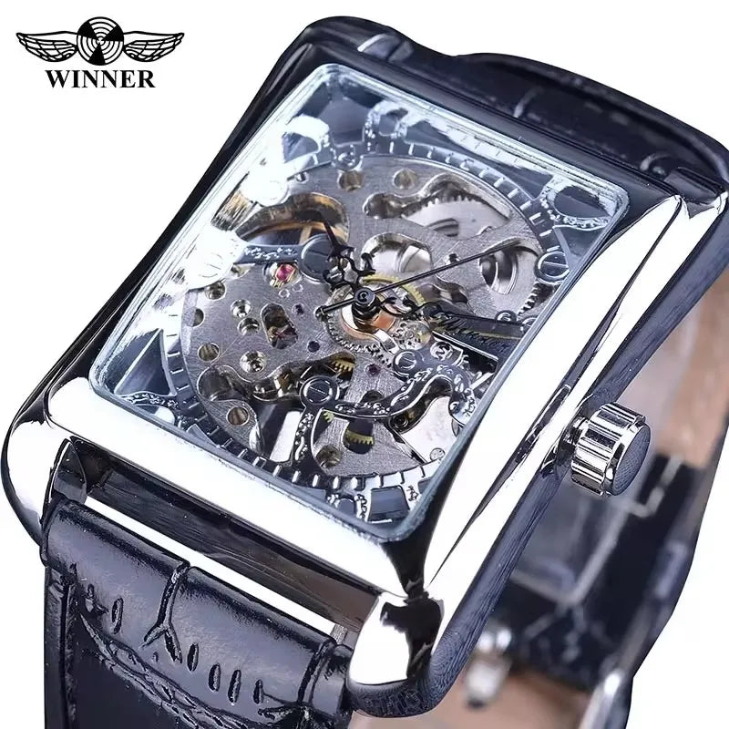 Winner  Mechanical WATCH Retro Casual Series Rectangle Dial Design Golden Pattern Hollow Watch Men Top Brand Luxury Mechanical
