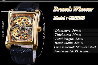 Winner  Mechanical WATCH Retro Casual Series Rectangle Dial Design Golden Pattern Hollow Watch Men Top Brand Luxury Mechanical