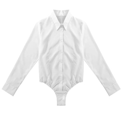 Women's Body Shirt Office Lady Work Uniforms White Blouses Slim Clothes Long Sleeve OL Shirt Leotard Easy Care Work Tights Shirt