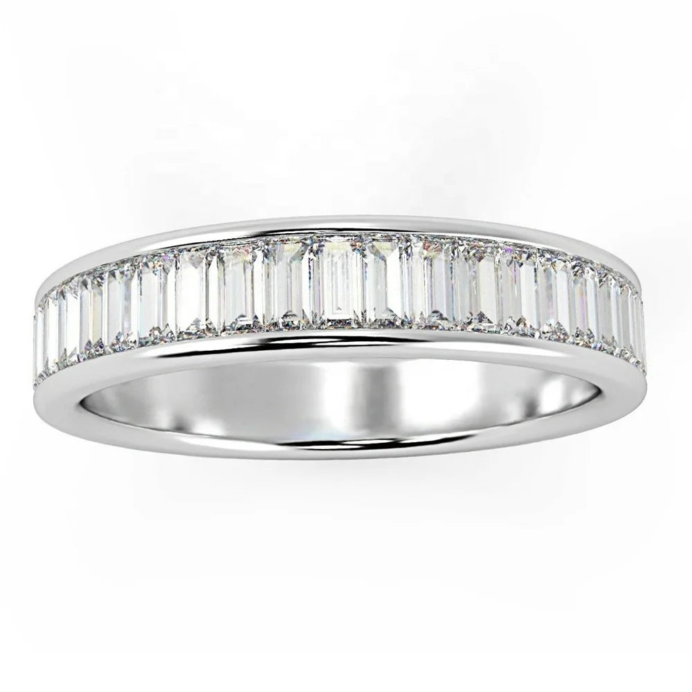 Silver 925 18k White Gold Plated Jewelry Baguette Zircon Diamond Cutting Channel Set Half Eternity Ring
