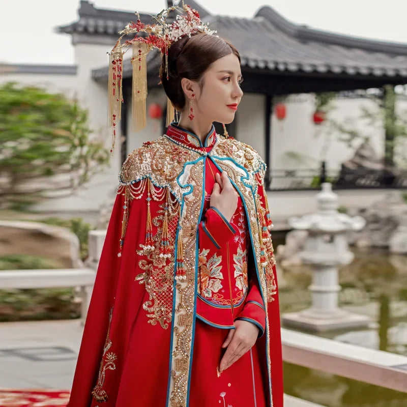 Xiuhe Clothes Bride 2022 New Chinese Wedding Long Cloak Coat Ming Women's Cape Long Tailed Ancient Clothes
