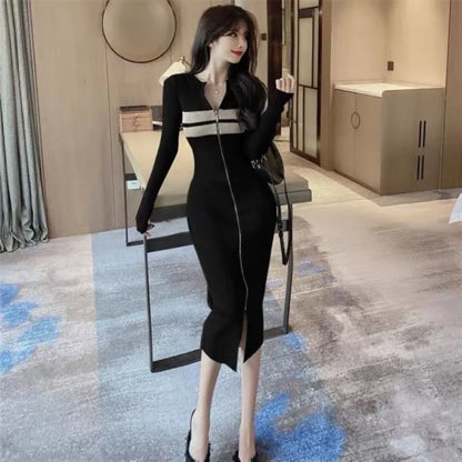 Clothes Midi Colorblock Knee Length Crochet Cover Up Woman Dress Black Split Striped Knitted Sexy Daring Hot Dresses for Women