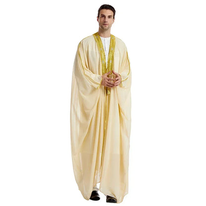 Men's Robe Muslim Clothes Kimono Loose Abaya Dresses Long Sleeve Embroidered Chiffon Kaftan Casual Formal Dubai Thobe