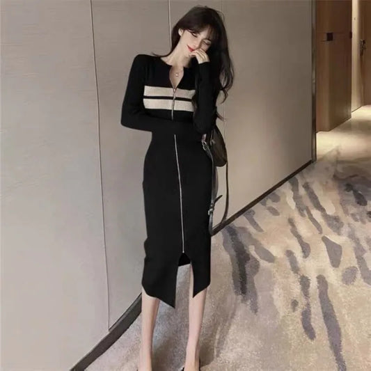 Clothes Midi Colorblock Knee Length Crochet Cover Up Woman Dress Black Split Striped Knitted Sexy Daring Hot Dresses for Women