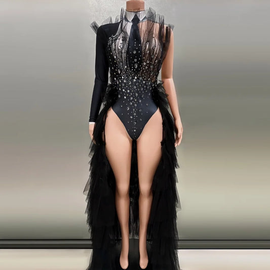 Black Color Perspective Cloak Bodysuit Women Singer Sexy Stage Outfit Dance Costume Cosplay Bodysuit Model Clothes Show Hot Sale
