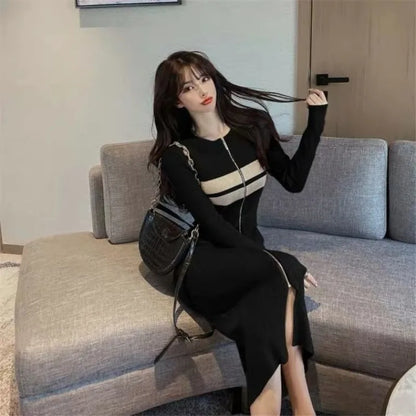 Clothes Midi Colorblock Knee Length Crochet Cover Up Woman Dress Black Split Striped Knitted Sexy Daring Hot Dresses for Women