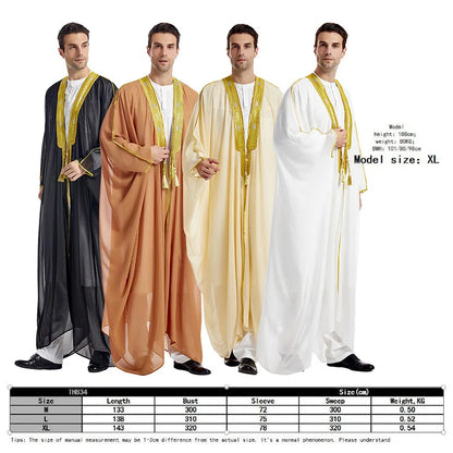 Men's Robe Muslim Clothes Kimono Loose Abaya Dresses Long Sleeve Embroidered Chiffon Kaftan Casual Formal Dubai Thobe