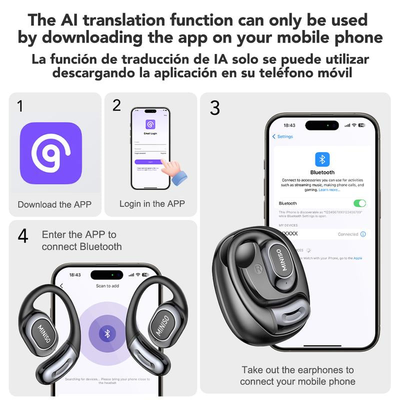 MINISO MS156 AI Headphones True Wireless OWS Earphones Bluetooth 5.4 134 Languages Translation Earbuds Hifi Sound Waterproof Open Ear Headsets with APP